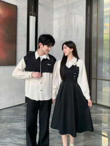 Couples Matching Spring Autumn French Patchwork Womens Dress Mens Long Sleeve Shirt College Class Uniform Long Sleeve Dresses