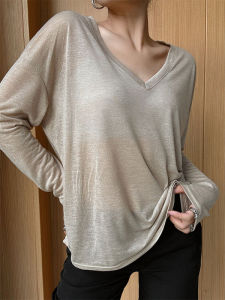 เสื้อยืดคอกลมแขนยาวบางๆ ทรงหลวมๆ สำหรับผู้หญิงในช่วงต้นฤดูใบไม้ร่วง ป้องกันแสงแดด ทรงหลวมๆ ทรงหลวมๆ ทรงหลวมๆ