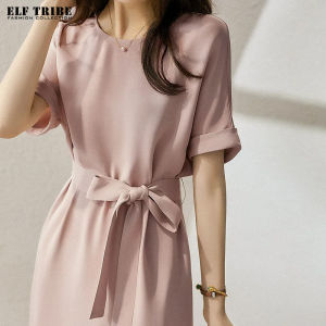 ELF TRIBE Midi ชุดเดรสลายลูกไม้ผู้หญิงแขนสั้นสีชมพูชุดเดรสชีฟองใหม่ Midi ฝรั่งเศส
