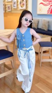 ชุดเซ็ตเด็กผู้หญิง เสื้อผ้ายีนส์แขนกุด กางเกงผ้าไหมอิตาลี เชือกผูกเอว น้ำหนัก 10-30กิโล รหัสKLLK