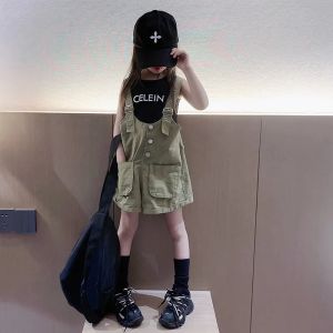 Dopamine Girls Cotton Overalls Set Sweet And Salty Style Summer New Versatile Pure Cotton Strap Shorts Two-Piece Set for Kids