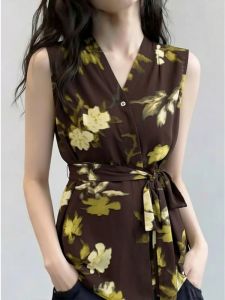 AIYITI | Áo Vintage Hoa Cổ V Không Tay Kích Cỡ Lớn