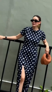 🔖Mirrorsister 50826.4 เดรสยาวลายจุดสุดชิค ดีไซน์ผ่าหน้า เรียบแต่ไม่ธรรมดา ใส่ได้ทุกโอกาส