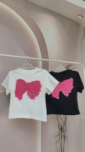 Girls Shirt Top Frayed Ribbon Patch Korean Style 5-12Years Old Coquette T-shirt Blouse for Kids Girls