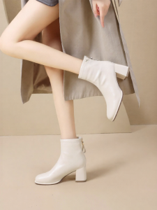 Josiny | White Short Thick Heel Spring New French Style Slim Boot