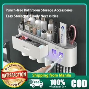 TIMO Wall-mounted punch-free toothbrush holder with 2 toothpaste dispenser waterproof toothpaste squeezer bathroom storage