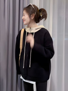 Áo Khoác Len Cardigan Dài Tay Nữ Dáng Rộng Có Mũ Trùm Đầu Màu Tương Phản Khóa Kéo Mùa Thu Đông Phong Cách Mới Thường Ngày