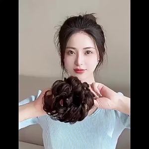 Elegant Messy Curly Synthetic Bun Hairpiece With Elastic Rubber Band Fluffy Bun Ponytail Hair Extension For Daily And Part Use