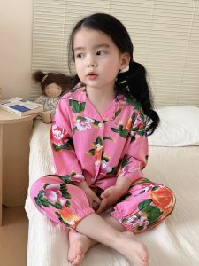 Summer Home Clothes Set for Children Silk Cotton Rich Floral Design Baby Pajamas with Stand Collar And Button Front for Kids