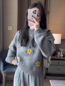 High-End Hand-Knitted Sweater for Women Embroidered Pullover with Loose Fit Round Neck Ideal for Spring Fall Winter
