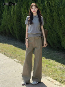 American Retro Khaki Straight Leg Jeans Womens Loose Fit High Waist Wide Leg Pants Autumn New Style Casual Cotton Denim