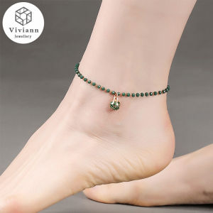 Viviann Original Green Crystal Anklet Bells Ancient Style Female Chinese Fashion Foot Chain Foot Jewelry Vintage Pendant Crystal Anklet For Women Link Chin Bohemian Gold Shoe Boot Chain Bracelet