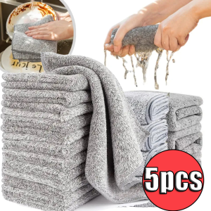 5pcs Bamboo Charcoal Microfiber Cleaning Cloth Rags Highly Effective Water Absorption Washing Towel Non-Stick Oil Souring Pad Kitchen Washing Cleaning Tools