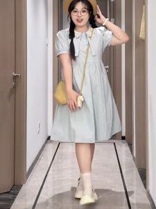 ชุดเดรสแขนพองคอตุ๊กตาสไตล์เกาหลีเอวสูง ทรงเอ กระโปรงยาวปานกลาง ทรงหลวม สไตล์หวานๆ สำหรับผู้หญิงไซส์ใหญ่