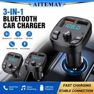 Aitemay 3 IN 1 Bluetooth 5.0 FM Transmitter & Fast Charger - Dual USB Ports Type-C Digital Display Hands-Free Calls for Cars