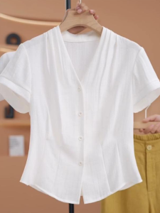 Shalldoer | French Style Commute White V-neck Short Sleeve Ladies Shirt 2025 New Summer Waist-cinching Slimming Versatile Top