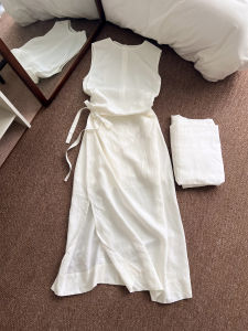 QINGMUZI | French Luxe Linen Sleeveless Long Dress With Waist Cinching