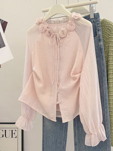 PAIBOLI | Loose Long Sleeve Floral Collar Shirt Womens Summer Design Sweet Tie Waist Korean Style Commute High Waist A-Line Skirt