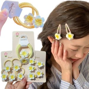 🔥5Pcs New Plumeria Flower HairClip Hairrope Simulated Frangipani BB Clip Yellow Hair Ornaments Vacation Bridal Barrette Headdress