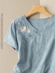 Embroidered Cotton Linen T-Shirt Womens Spring Summer New Style Thin Artistic Retro Linen Top Womens Embroidered Button up