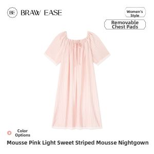 BE | Ice Silk Bra Padded Short Sleeve Lace Striped Pink Summer Nightgown