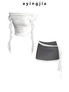 Bordered Holiday Tune Short Sleeve Womens T-shirt One Shoulder Lace Trim White Top Summer Commute Fashion plus Size Set