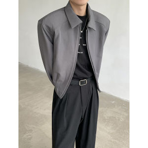 Màu Đen Miếng Đệm Vai Nam Áo Khoác Ngắn Mùa Xuân Mùa Thu翻领行政风格时尚外套 Phù Hợp Với年轻人的商务休闲夹克