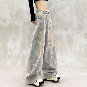Casual Glittering Rhinestone Design Loose Fit High Waist Straight Leg Jeans Womens Autumn New Style Versatile Wide Leg Pants