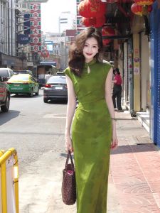 Retro Style Long Qipao Dress Womens Summer Slimming Floral Embroidery Stand Collar Slit Midi Skirt Traditional Chinese Fashion