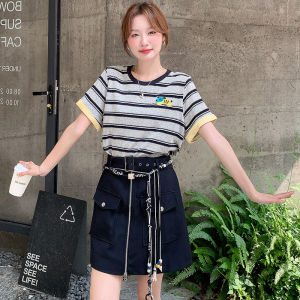 Shalldoer | Elegant Plus Size Striped Dress Womens Summer Waist Cinching Belly Concealing Slimming Short Skirt Casual Cake Skirt Polyester Fiber