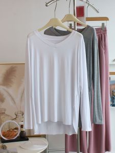 เสื้อยืดแขนยาวคอวีโมดอล ทรงหลวม สำหรับผู้หญิง เสื้อออกกำลังกายโยคะ เสื้อเต้นรำ ป้องกันแสงแดด ฤดูใบไม้ผลิ 2025