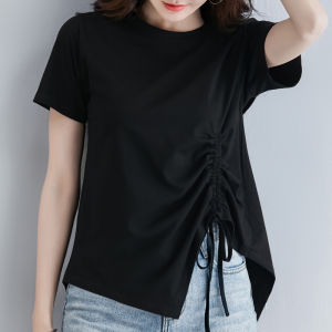 Áo Thun Nữ Tay Ngắn Mùa Hè Phong Cách Hàn Quốc Rộng Rãi Cổ Tròn Thiết Kế Dây Rút Không Đều Thời Trang Cotton Thoáng Khí