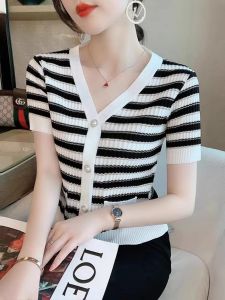 Slim Fit V-Neck Short Sleeve Ice Silk Knitted Cardigan Womens Summer New Style Fashionable Striped Open-Shirt Korean Version