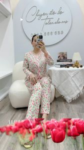 Đồ bộ Tolen Cổ viền tay dài hoạ tiết in hoa nữ