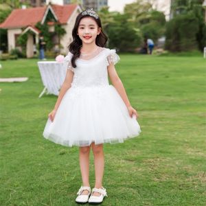 Ngày thiếu nhi Váy biểu diễn trắng cho ngắn tay cho bé gái Đầm công chúa cho trẻ em gái Đầm Trắng chủ nhà cho bé gái