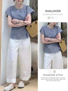 Shalldoer | Bộ đồ hai mảnh thường ngày cho nữ mùa hè 2025 Áo sơ mi cổ tròn tay ngắn kẻ caro + Quần ống rộng cạp cao phong cách Hàn Quốc
