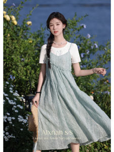 Váy Midi Chữ a Dài Tay Ngắn Phong Cách Pháp Mùa Hè Mới Của Lùn Nam Váy Không Dây Bằng Vải Nỉ Màu Trơn Màu Trơn Cho Nữ