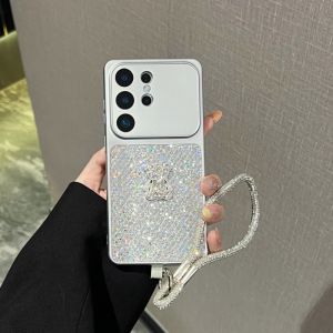 3D Rhinestone Bear Glitter Case For Samsung Galaxy S26 Ultra S25 FE S23 S24 Plus A17 A57 Shiny Sequins Diamond Wrist Strap Cover