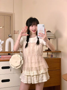 เสื้อยืดแขนสั้นผู้หญิง ทรงเข้ารูป ผ้าตาข่ายตกแต่งด้วยลูกปัด 3 มิติ ขอบพับ ดีไซน์สองชิ้น แฟชั่นฤดูร้อน ผ้าฝ้าย