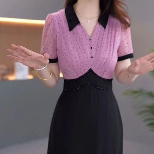 ชุดเดรสผ้าชีฟองหรูหราสำหรับผู้หญิง ฤดูร้อนปี 2025 ชุดเดรสกระโปรงเอวเข้ารูปแขนยาวทรงเอคอวีสีพื้น