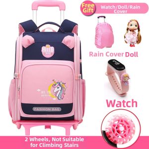 KABUYOUSI | Waterproof Six-Wheel Climbing Rolling Backpack For Elementary School Girls