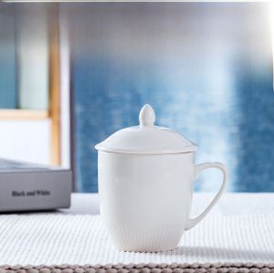 Pure White Ceramic Tea Cup with Lid for Hotel Guest Room Office Meeting Conference Room Water Cup Durable Bone China Cup