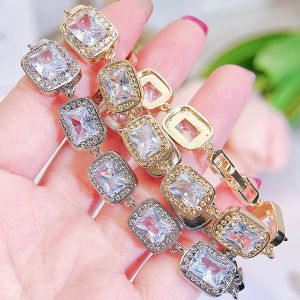 SEQUITO Romanstyle Women Wrist Jewelry Yellow Gold Color Silvery Pave Setting AAA Bling Princess Cut Cubic Zirconia Bracelet Clothing Accessories B315