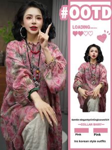 Retro Chinese Style Long Sleeve Shirt Womens New 2024 Floral Lace Collar Linen Material Top Medium Length Floral Pattern Shirt