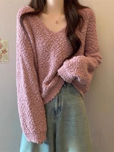 Pink V-Neck Knit Sweater Womens Autumn Winter Loose Slimming Base Layer Top Fashionable Casual Style Long Sleeve Cotton Blend