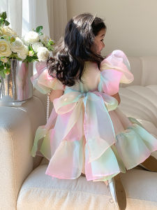 2025 Summer New Sweet Princess Dress with Bubble Sleeves Rainbow Gradient Mesh Baby Girls Puffy Skirt Breathable Cotton Blend Fabric