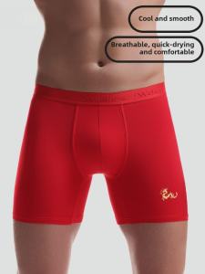 Dragon Year Lucky Mens Ice Silk Extended Length Anti-Wear Red Breathable Quick-Dry Boxer Shorts Large Size Comfortable Underwear