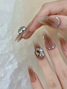 Almond Shaped Nail Tips French Style Champagne Color Ice Transparent Sensation Long Wearing False Nails with Pushed Diamonds
