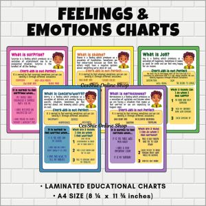 FEELINGS AND EMOTIONS CHARTS FOR KIDS | A4 Size | Laminated Educational Wall Charts for Teaching to Toddlers Baby Kids Preschoolers Grade School Students