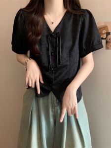 Elegant V-neck Short Sleeve Acetate Satin Chiffon Shirt Womens Summer plus Size Casual Style Pure Color Slim Fit Top